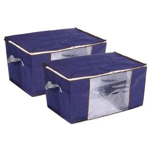 Clothes Storage Bag 2pcs Foldable Closet Organizers with Handles Dark Blue